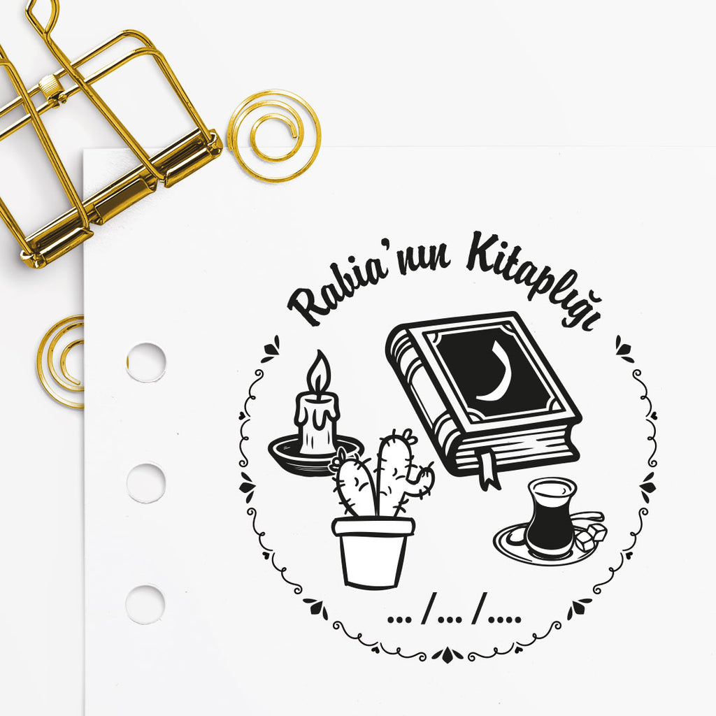 Çerçeveli Kitaplı Kaktüslü Mühür