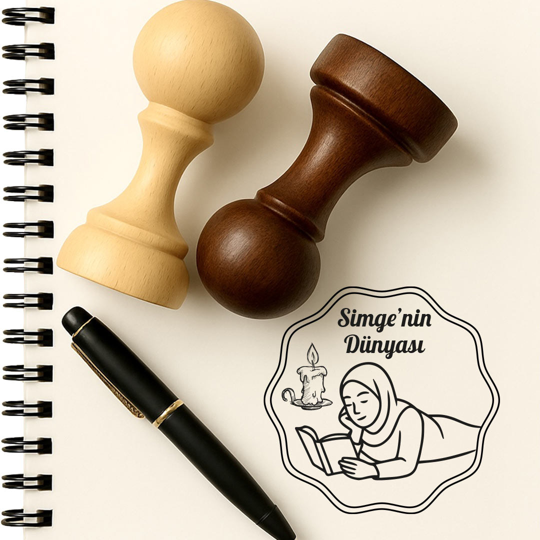 Mum Işığında Kitap Okuyan Tesettürlü Kadın mührü, ahşap saplı mühür ve not defteri üzerine basılmış figür örneği