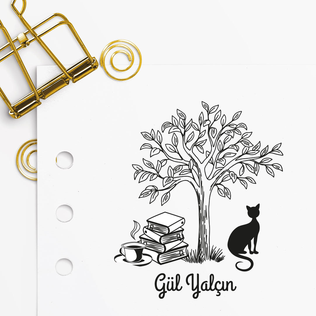 Ağaç Altında Kitap Kedi Mührü