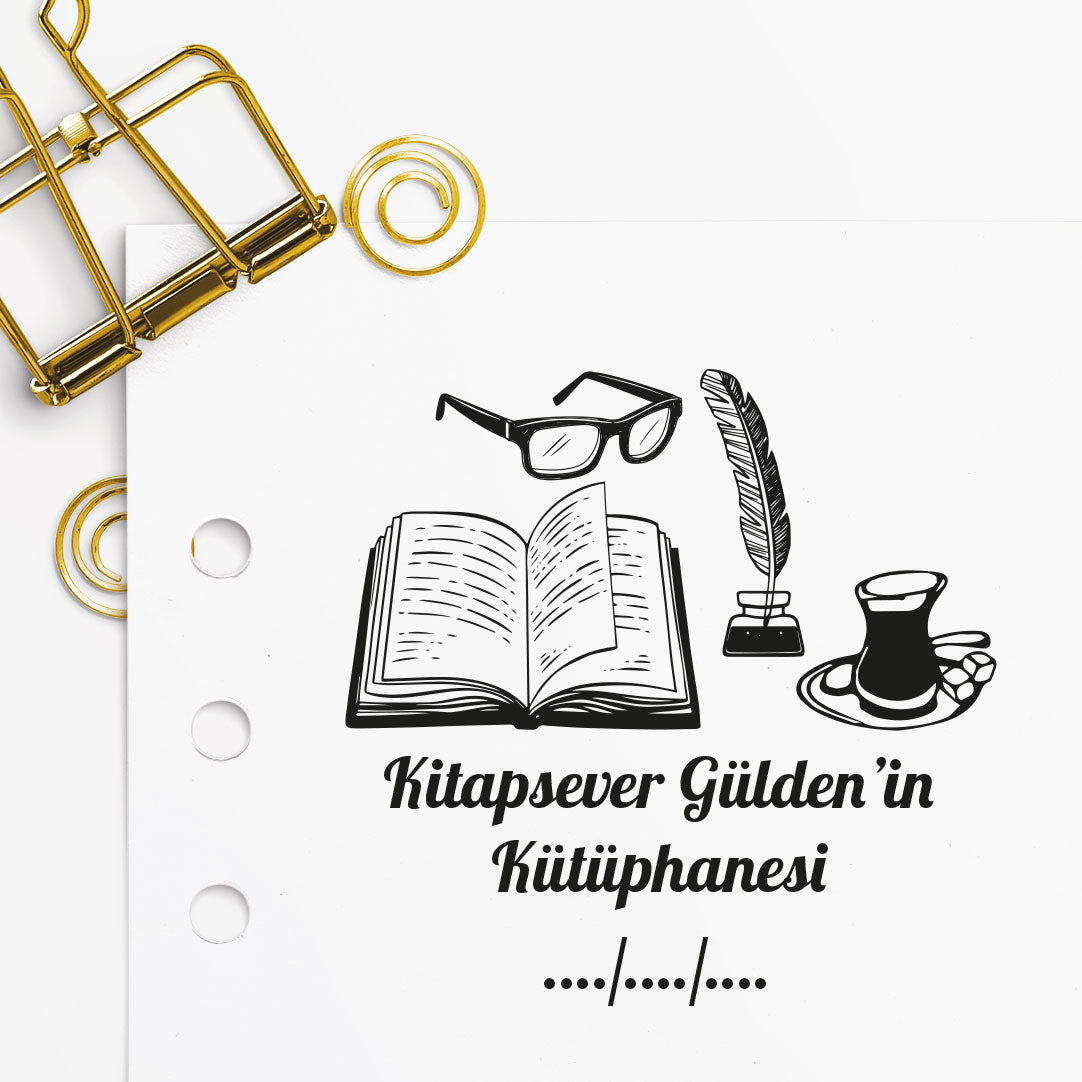 Kuş Tüylü Kitapsever mührü tasarım detayı, kuş tüylü kalem ve kitap figürü çizimi, isim yazılı