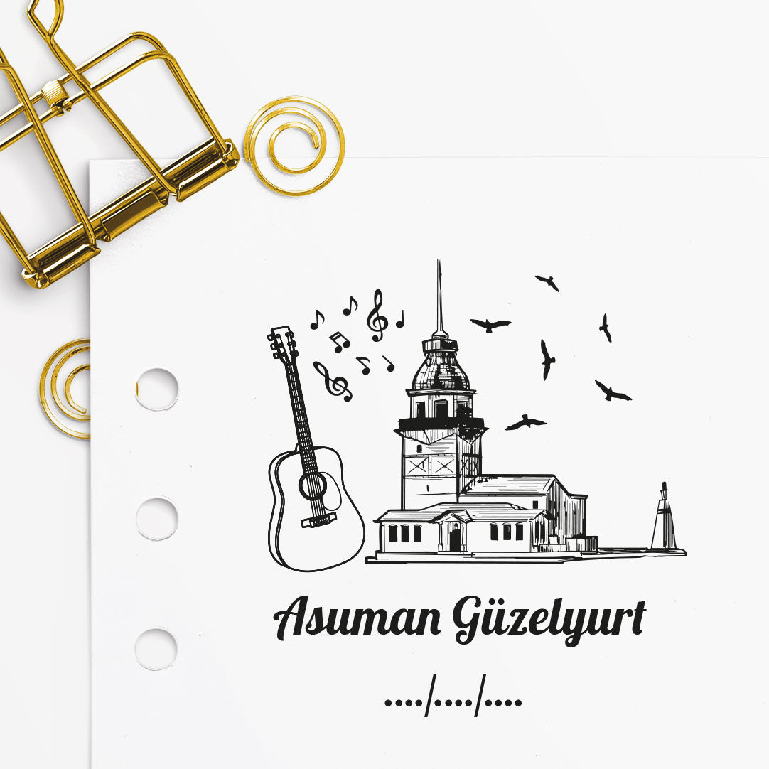 Kız Kulesi ve Keman mührü tasarım detayı, Kız Kulesi ve keman figürü çizimi, isim yazılı