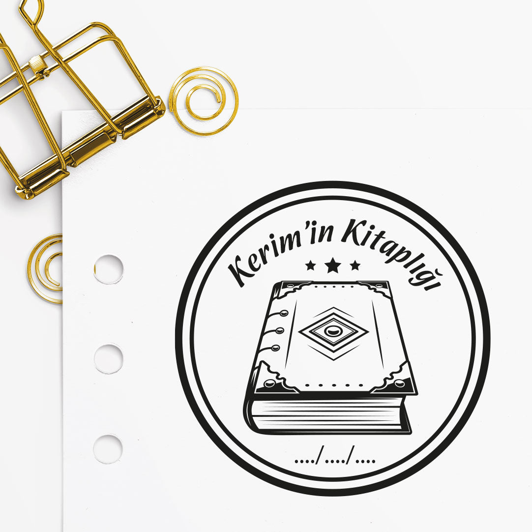 Çerçeveli Kitap mührü tasarım detayı, kitap figürü çizimi, isim yazılı