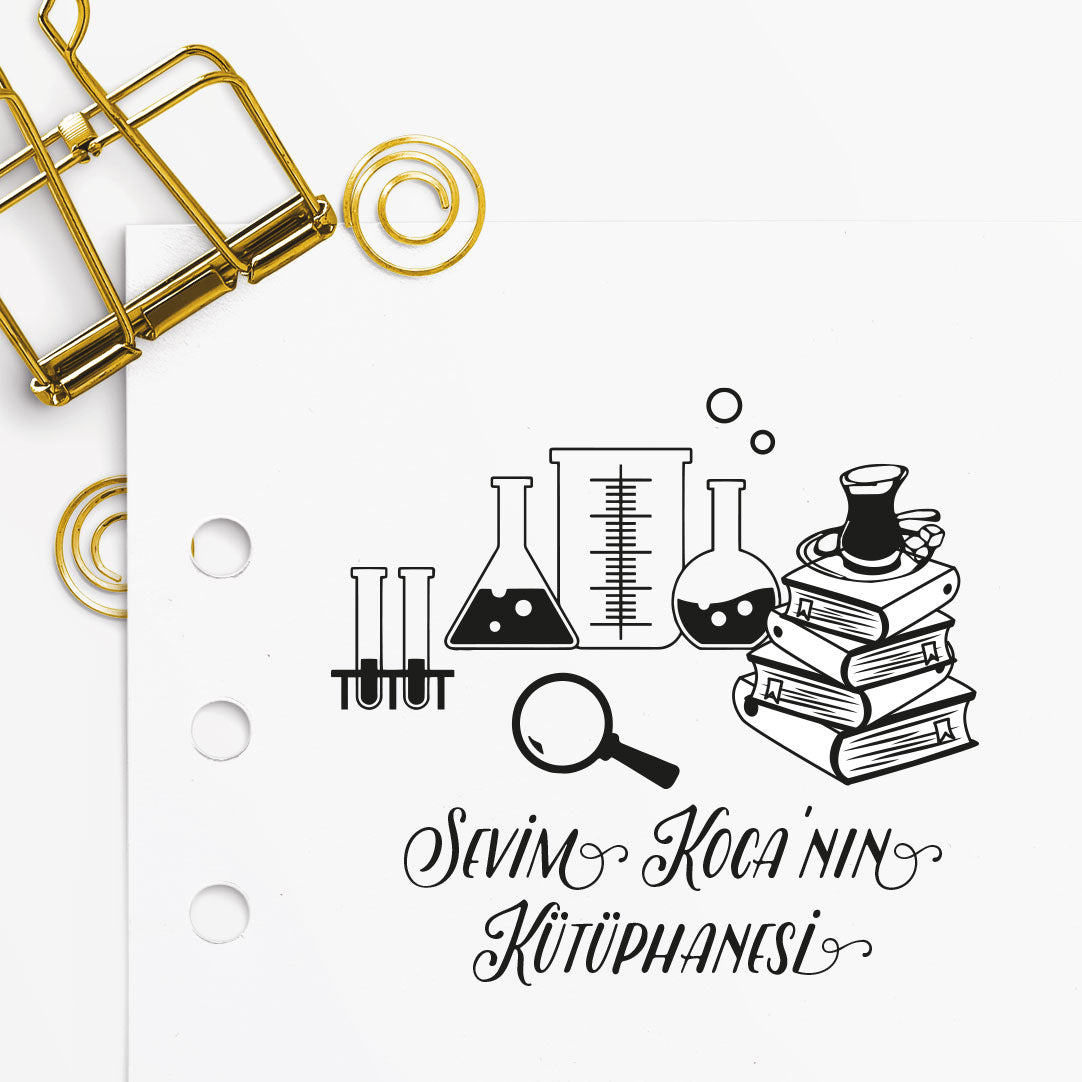 Laboratuvar Kitap mührü tasarım detayı, laboratuvar ve kitap figürü çizimi, isim yazılı