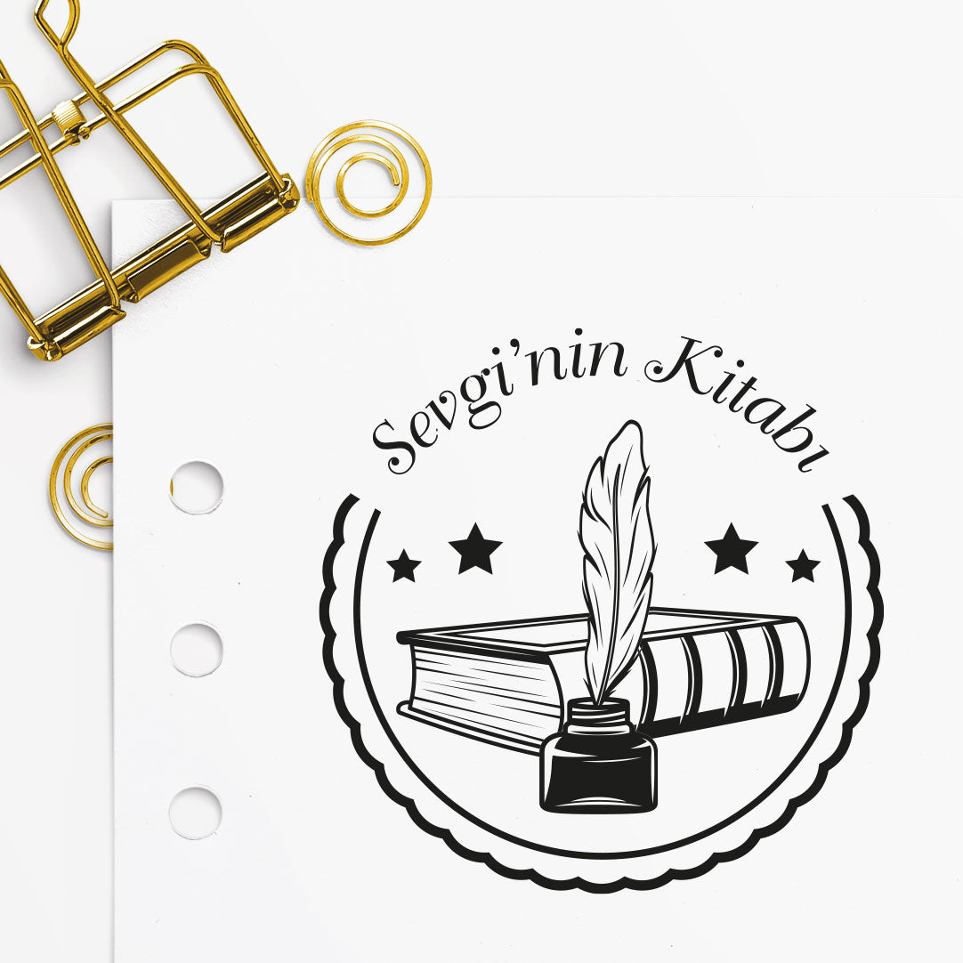 Çerçeveli Divit ve Kitap mührü tasarım detayı, divit ve kitap figürü çizimi, isim yazılı