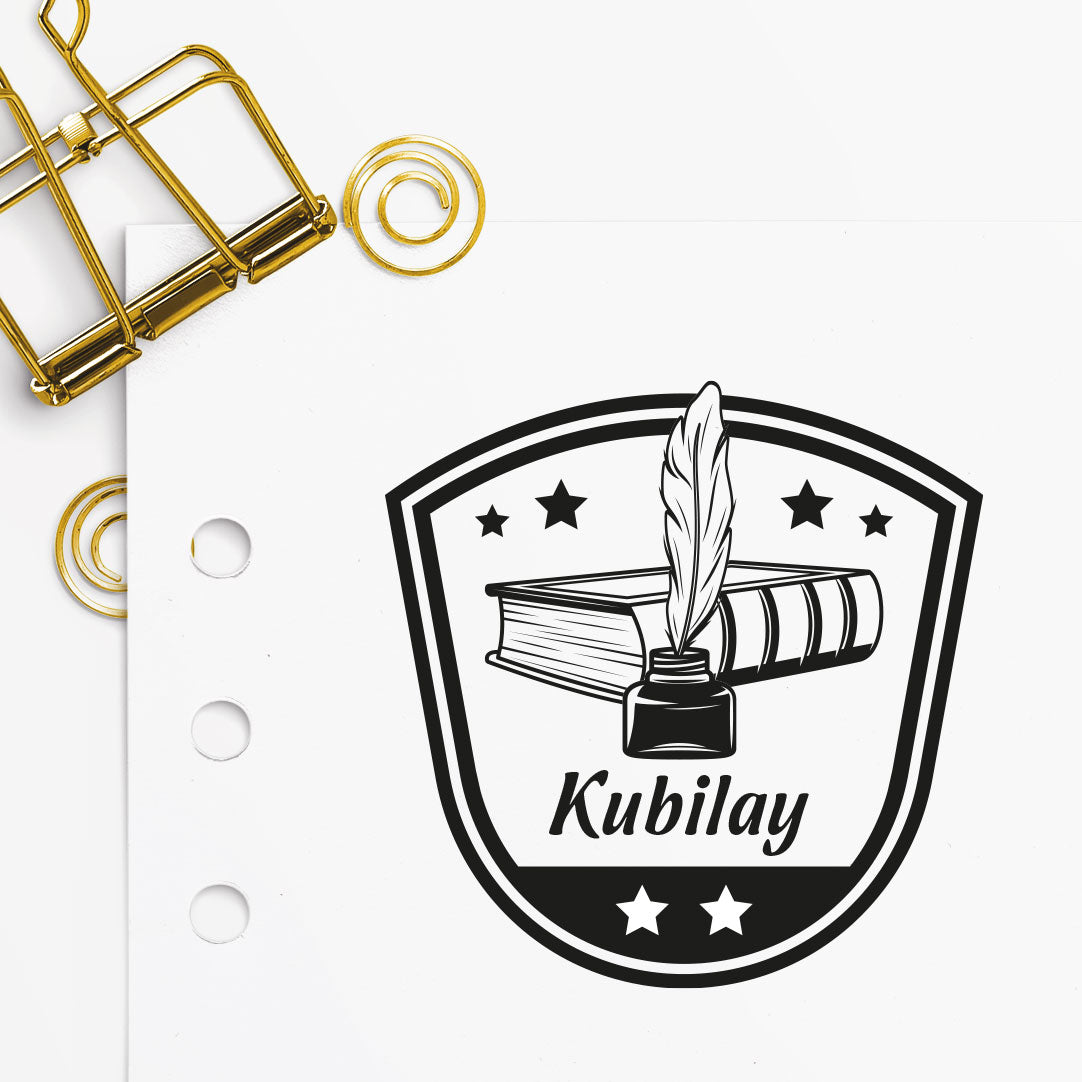 Yıldızlı Kuş Tüyü Kitap mührü tasarım detayı, yıldız ve kuş tüyü kalem figürü çizimi, isim yazılı