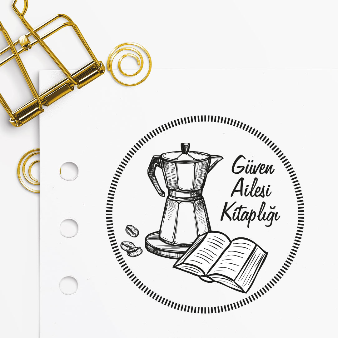 Çerçeveli Demleme Kahve ve Kitap Keyfi mührü tasarım detayı, demleme kahve ve kitap figürü çizimi, isim yazılı
