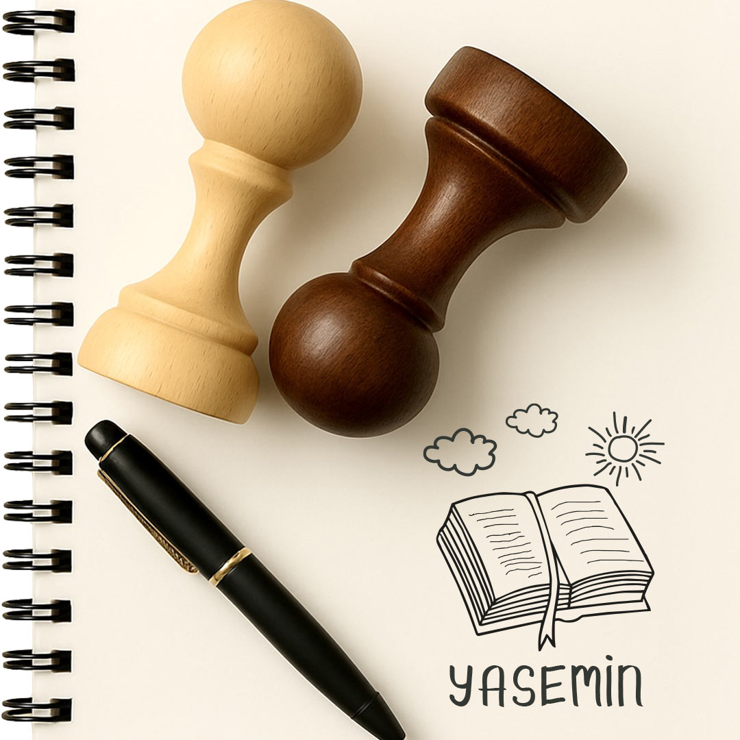 Yaz Günü Kitap Okuma mührü, ahşap saplı mühür ve not defteri üzerine basılmış temalı örnek