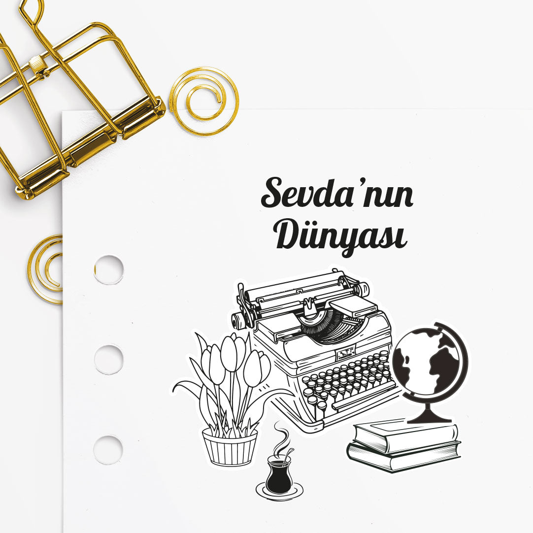 Daktilo, Çiçek ve Çay mührü tasarım detayı, daktilo, çiçek ve çay bardak figürü çizimi, isim yazılı