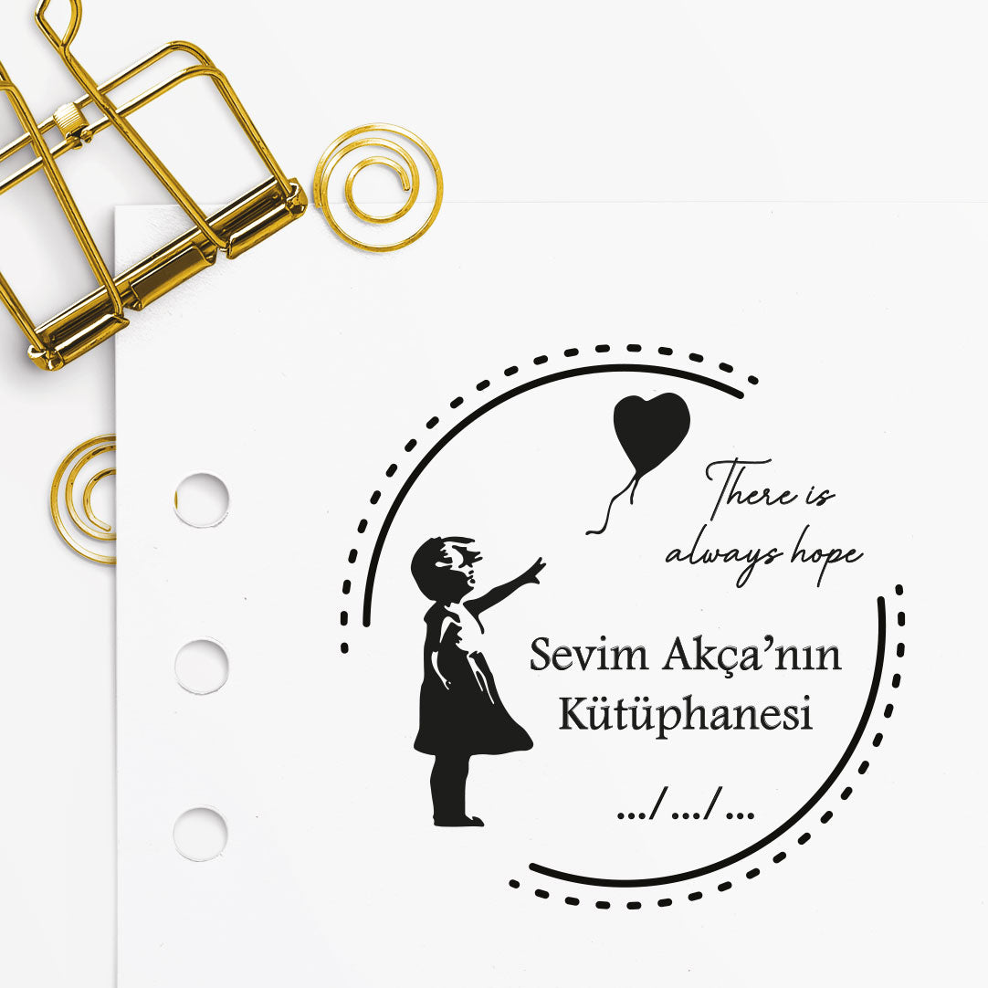 Çerçeveli Balon Tutan Kız mührü tasarım detayı, balon tutan kız figürü çizimi, isim yazılı
