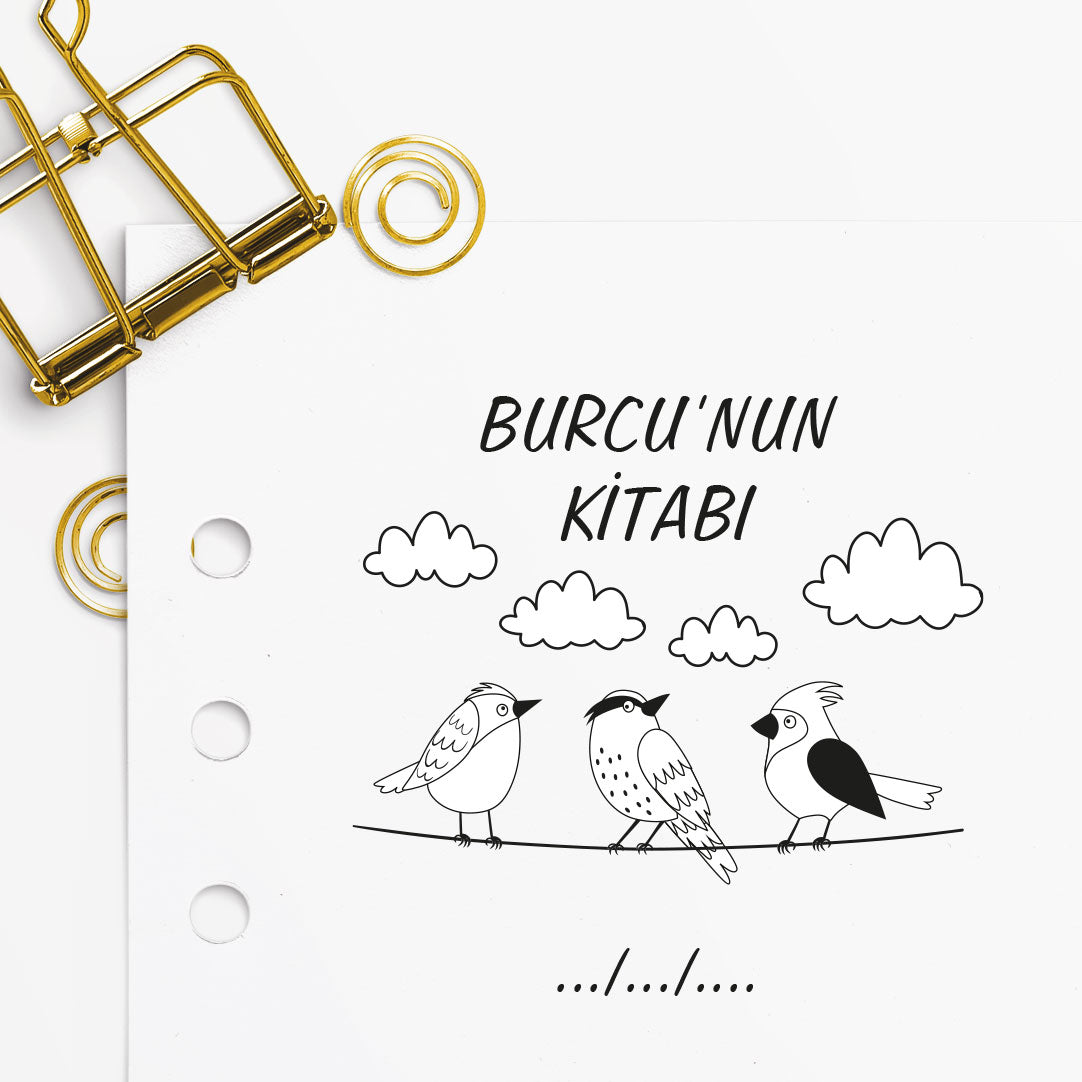 Telde Sohbet Eden Kuşlar mührü tasarım detayı, telde sohbet eden kuş figürleri çizimi, isim yazılı