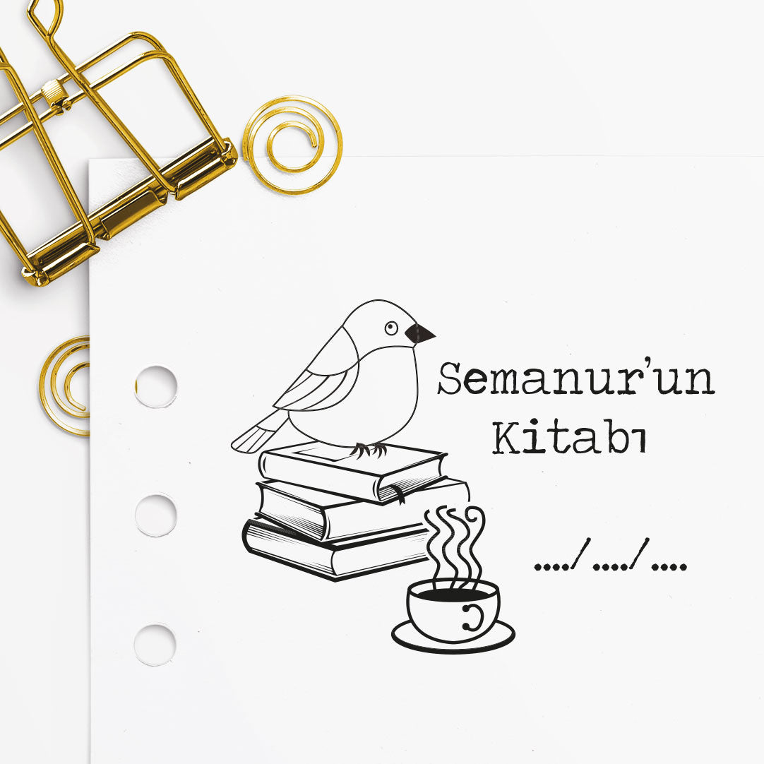 Kitapsever Kuş mührü tasarım detayı, kitap okuyan kuş figürü çizimi, isim yazılı