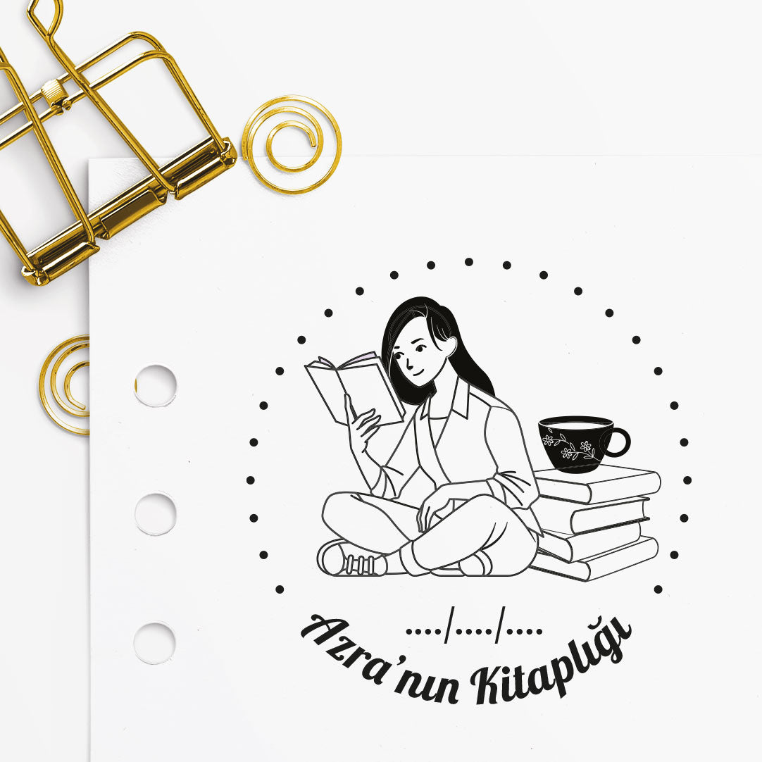 Huzurla Kitap Okuyan Kız mührü tasarım detayı, huzurla kitap okuyan kız figürü çizimi, isim yazılı