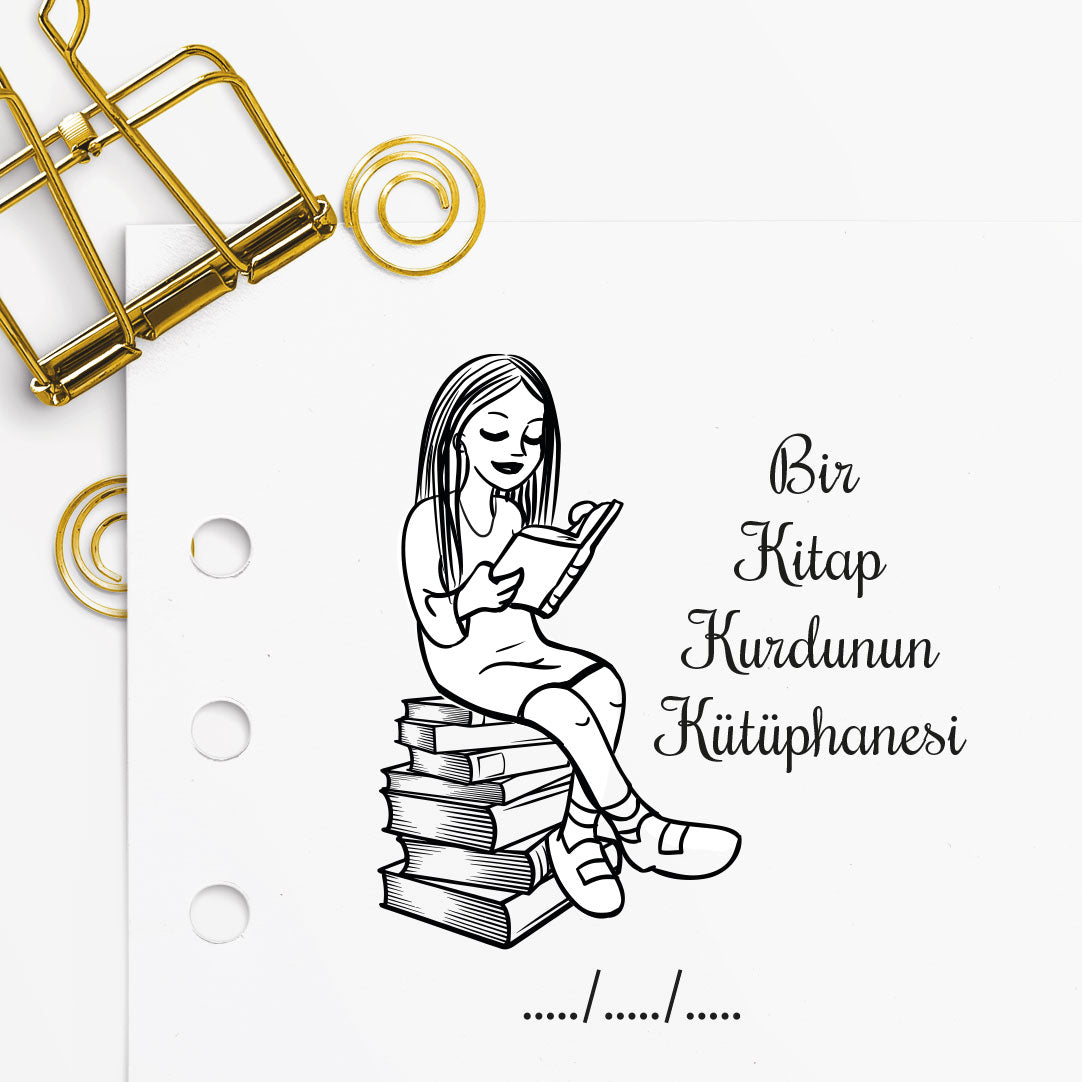 Kitap Aşığı Kız mührü tasarım detayı, kitap okuyan kız figürü çizimi, isim yazılı