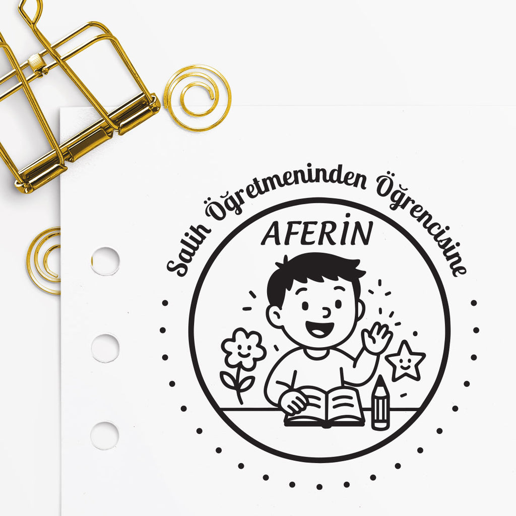 Çerçeveli El Sallayan Erkek Öğrenci Öğretmen Mührü