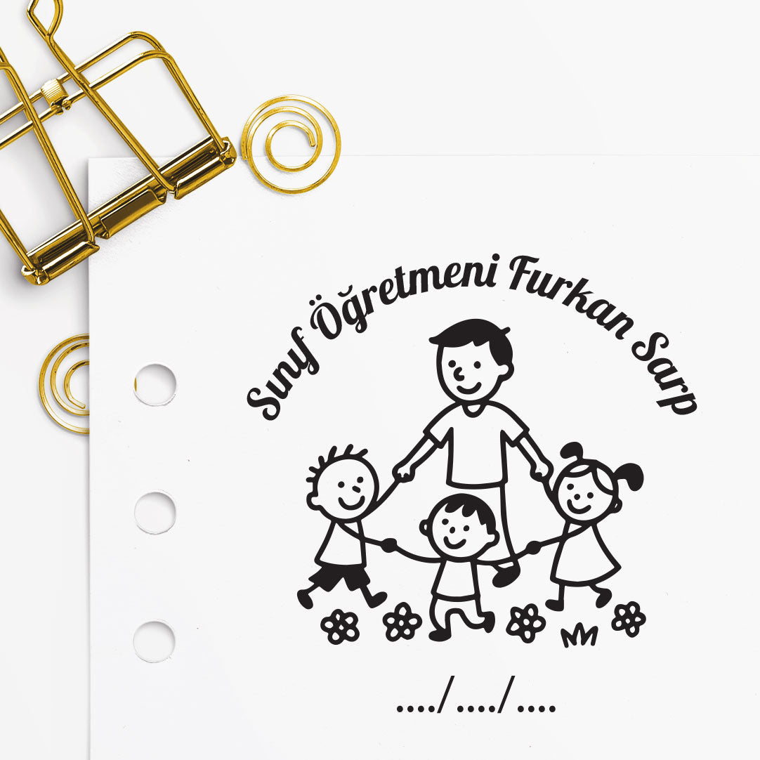 Sınıf Öğretmeni mührü (3. tasarım) detayı, sınıf öğretmeni temalı çizim, isim yazılı