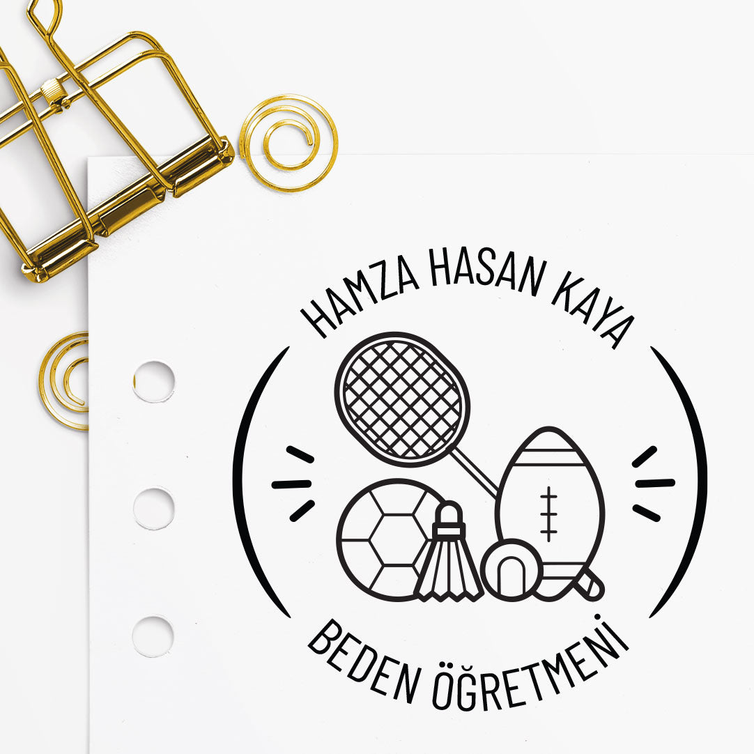 Beden Eğitimi Öğretmeni mührü tasarım detayı, spor temalı çizim, isim yazılı