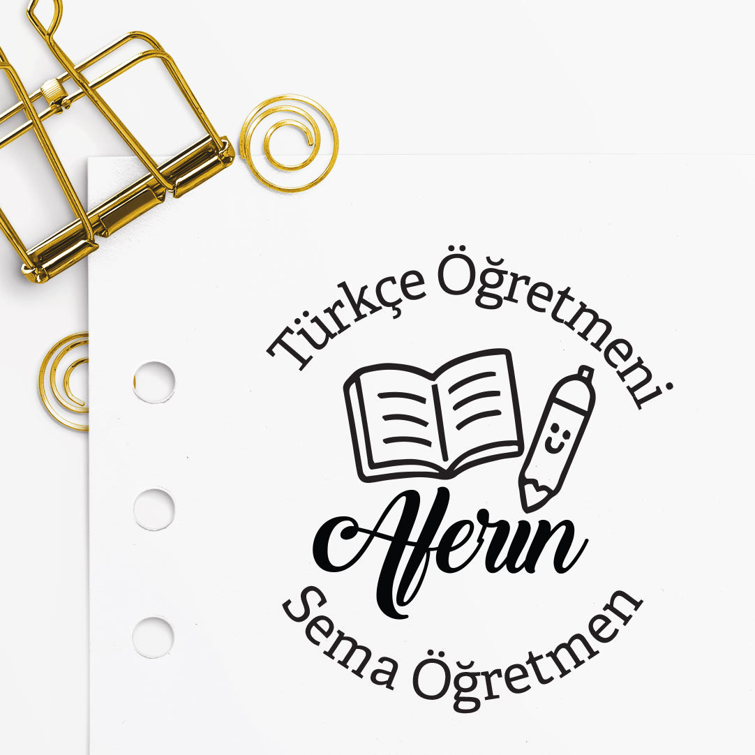 Türkçe Öğretmeni mührü tasarım detayı, Türkçe öğretmen temalı çizim, isim yazılı