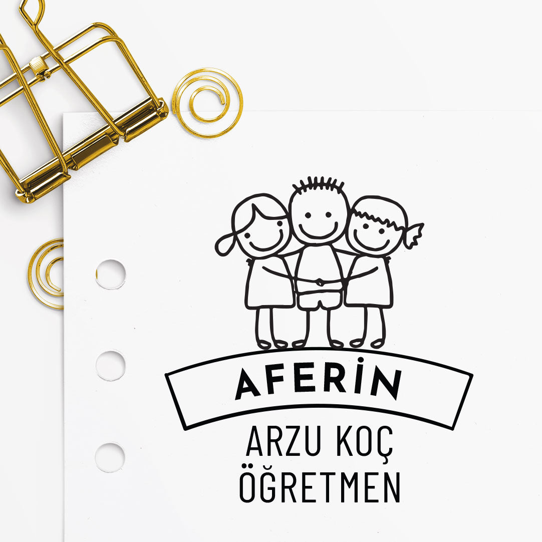 Çocuklu Aferin mührü tasarım detayı, çocuk figürlü 'Aferin' yazısı çizimi