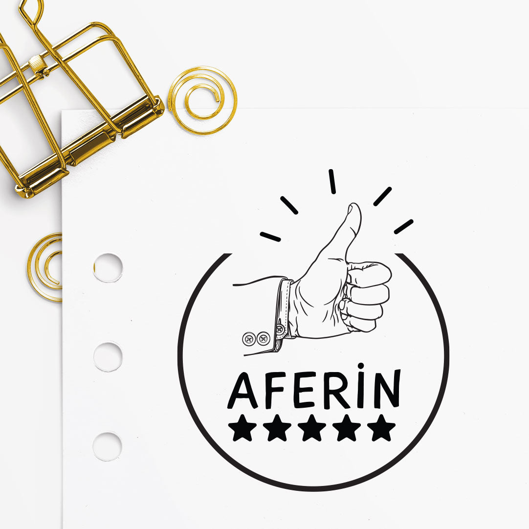 Çerçeveli 5 Yıldızlı Aferin Thumbs Up mührü tasarım detayı, yıldız ve başparmak yukarı sembolüyle 'Aferin' yazısı çizimi