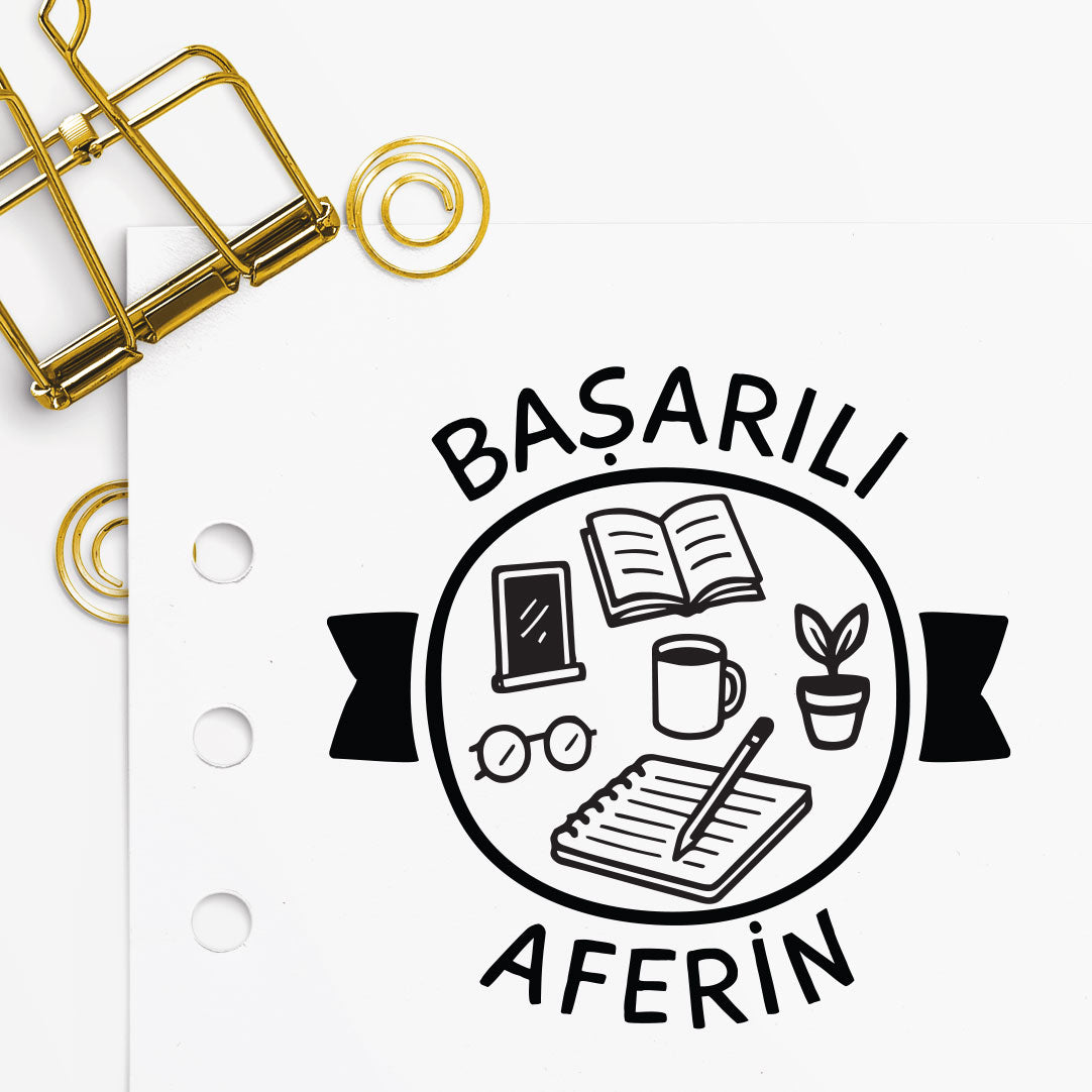 Çerçeveli Başarılı Aferin mührü tasarım detayı, 'Başarılı' ve 'Aferin' yazısı çizimi
