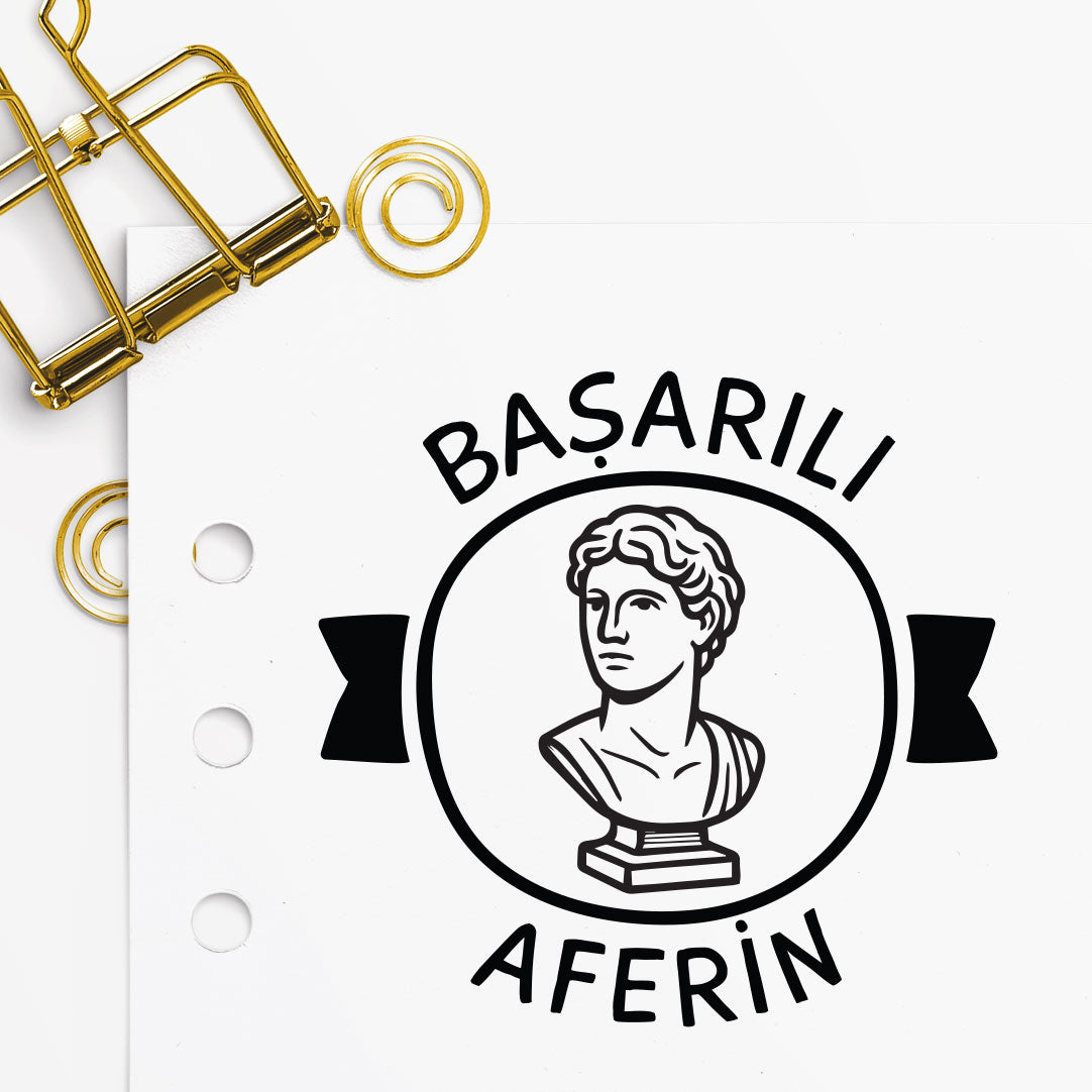 Çerçeveli Heykelli Başarılı Aferin mührü tasarım detayı, heykel figürlü 'Aferin' yazısı çizimi