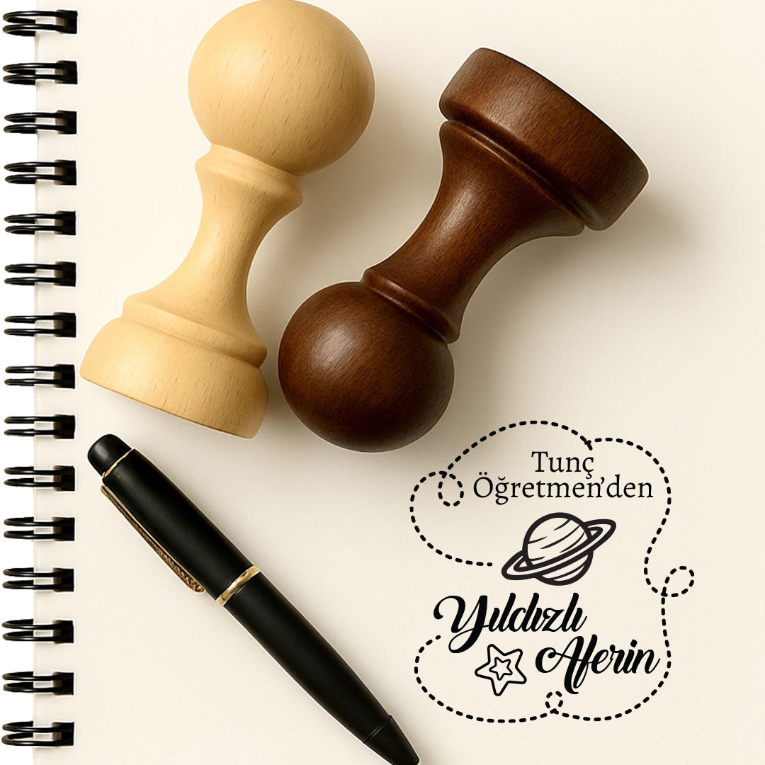 Yıldızlı Aferin mührü (2. tasarım), ahşap saplı mühür ve not defteri üzerine basılmış yıldız örneği
