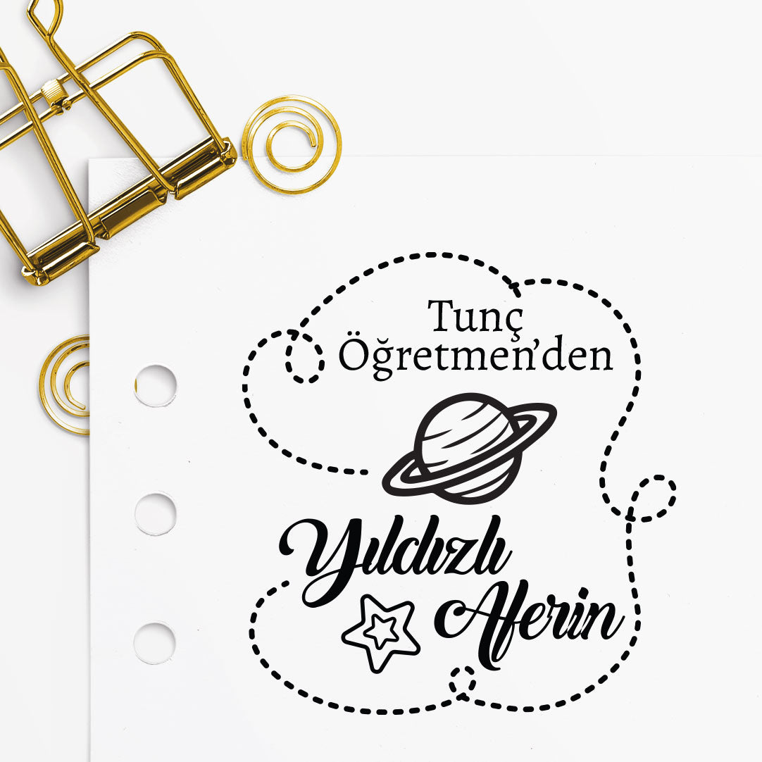 Öğretmenden Yıldızlı Aferin mührü (2. tasarım) detayı, yıldız desenli 'Aferin' yazısı çizimi