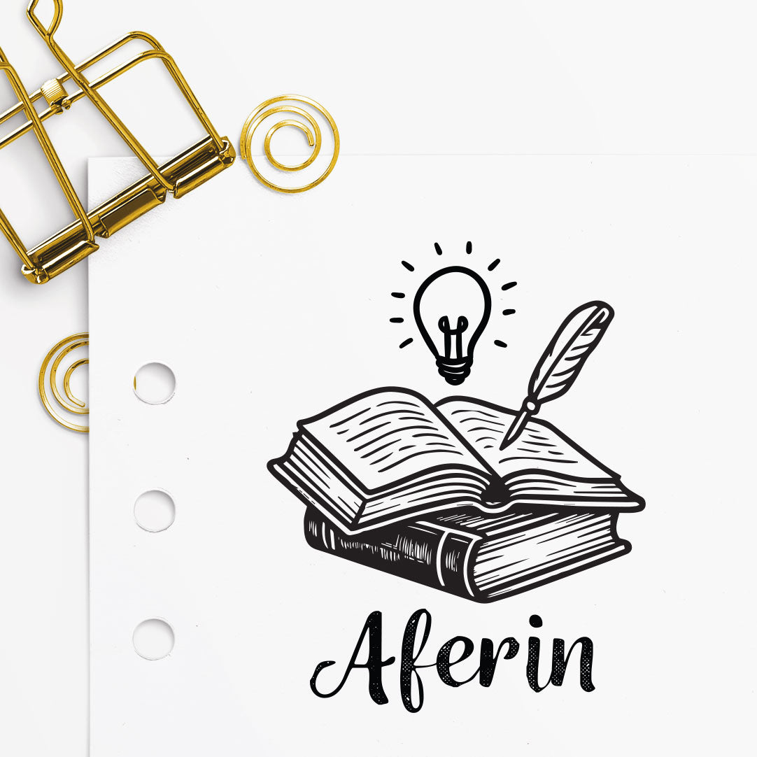 Kitap ve Ampul mührü tasarım detayı, kitap ve ampul figürü çizimi, isim yazılı