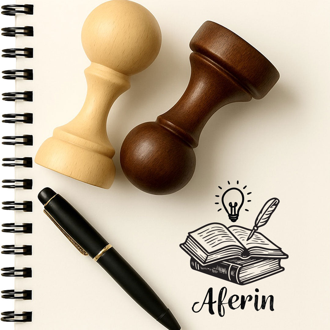 Kitap ve Ampul mührü, ahşap saplı mühür ve not defteri üzerine basılmış ampul örneği
