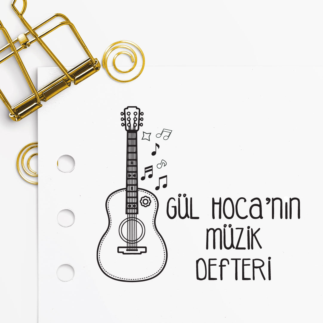 Hocanın Müzik Defteri mührü tasarım detayı, müzik defteri ve nota figürü çizimi, isim yazılı