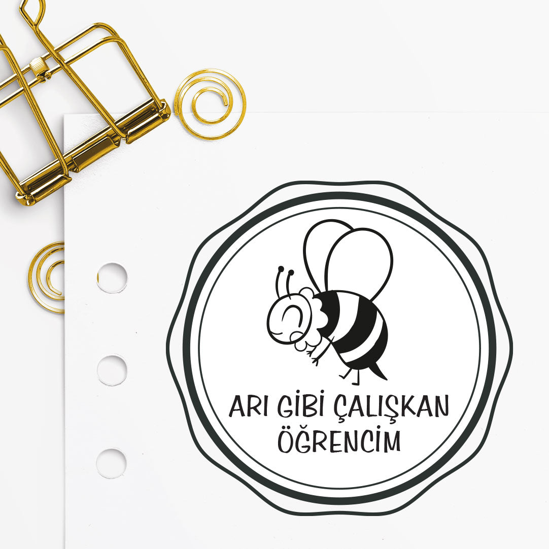 Çerçeveli Arı Gibi Çalışkan Öğrenci mührü tasarım detayı, arı figürlü 'çalışkan' temalı çizim