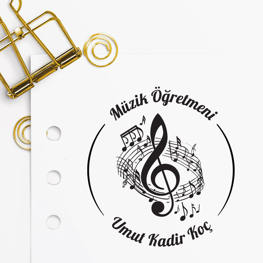 Müzik Öğretmeni mührü (2. tasarım) detayı, müzik notaları ve öğretmen temalı çizim, isim yazılı