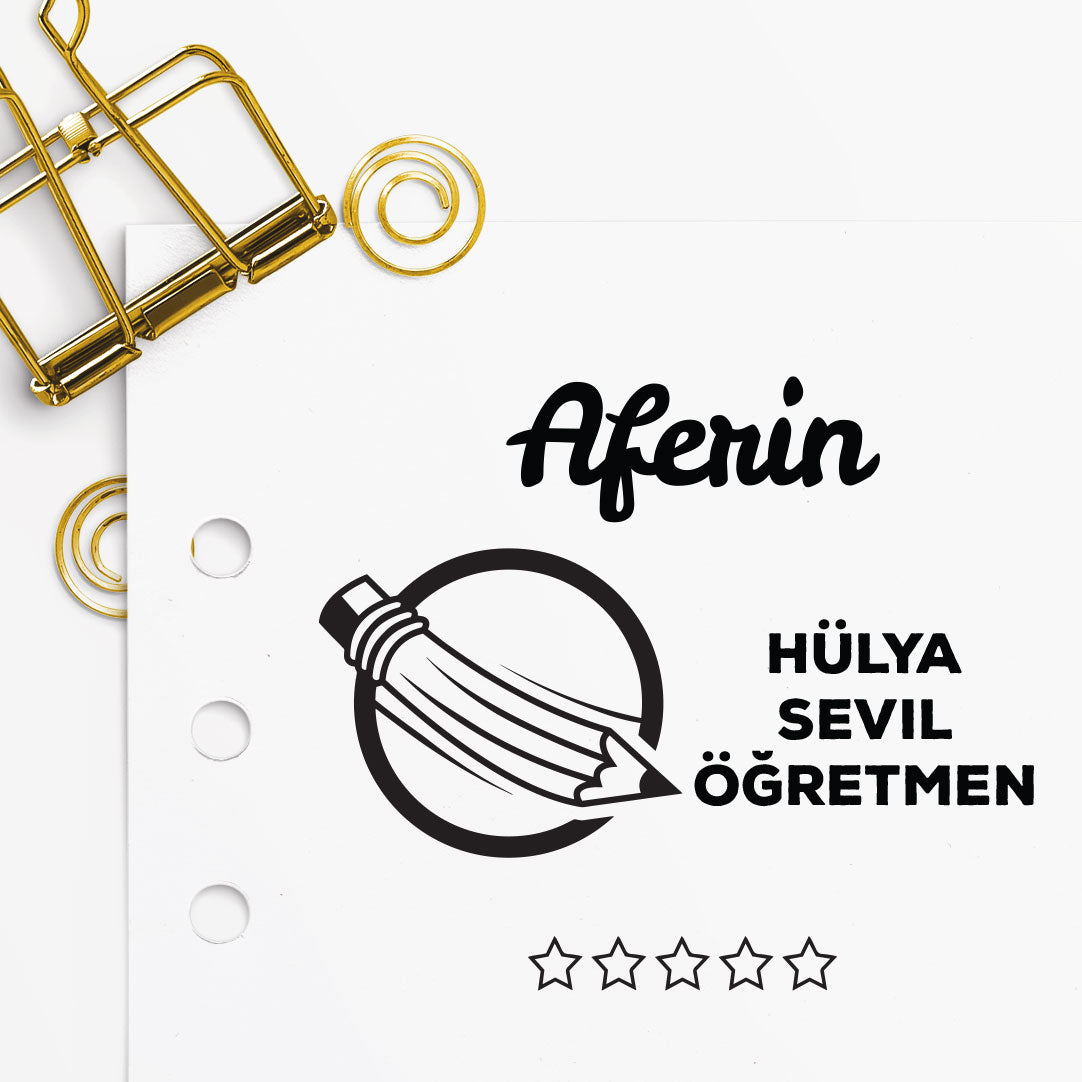 Kalemli Aferin mührü tasarım detayı, kalem figürlü 'Aferin' yazısı çizimi