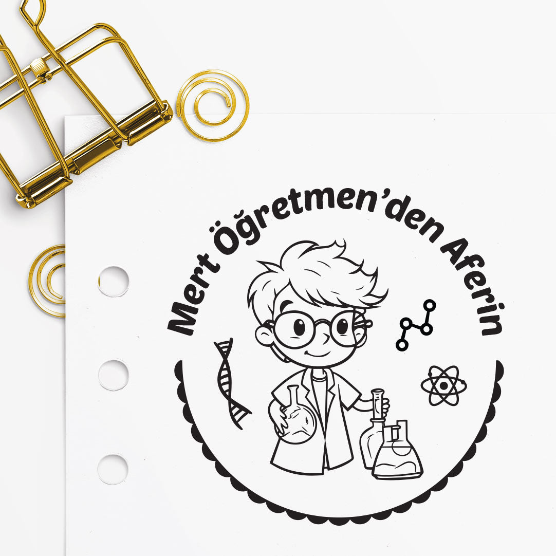 Kimya Öğretmeninden Aferin mührü tasarım detayı, kimya sembolleriyle 'Aferin' yazısı çizimi