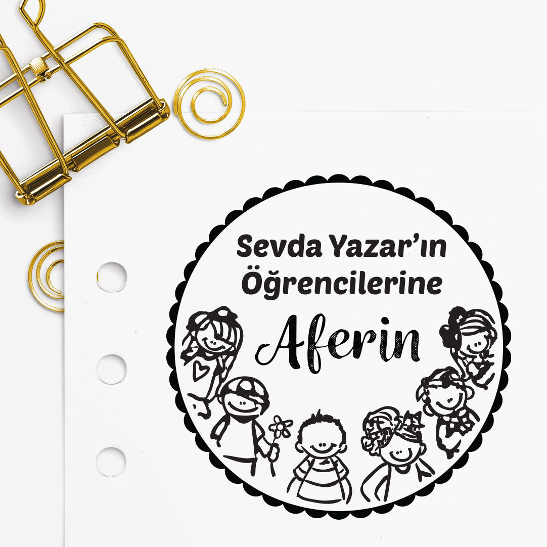Öğretmenden Öğrencilerine Çerçeveli Aferin mührü tasarım detayı, 'Aferin' yazısı çizimi
