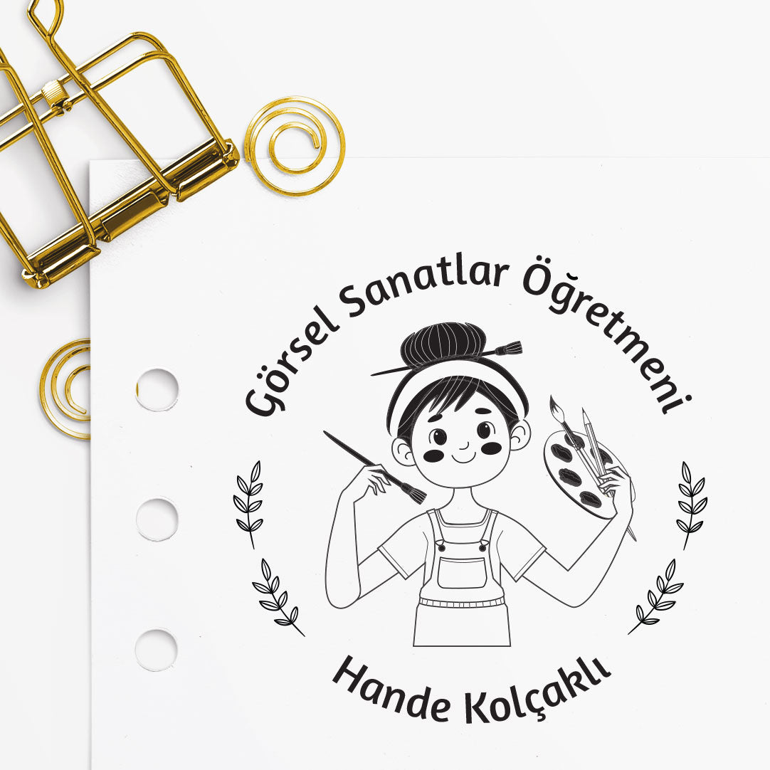Görsel Sanatlar Öğretmeni mührü (2. tasarım) detayı, fırça ve palet figürlü çizim, isim yazılı