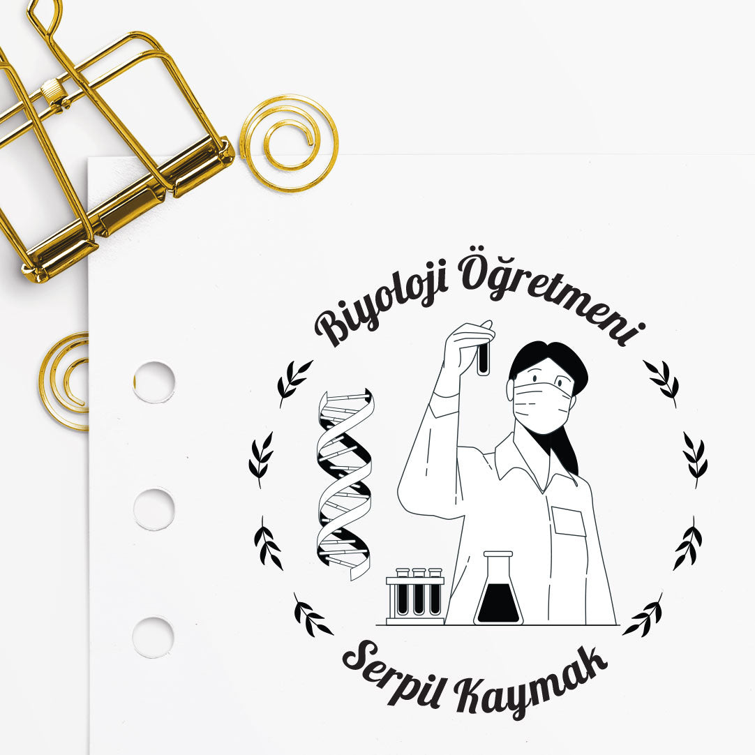 Biyoloji Öğretmeni mührü tasarım detayı, biyoloji sembolleriyle çizim, isim yazılı
