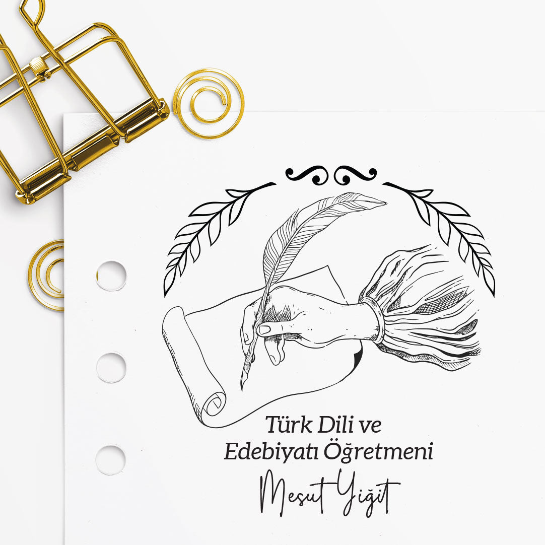 Türk Dili ve Edebiyatı Öğretmeni mührü tasarım detayı, edebiyat temalı çizim, isim yazılı