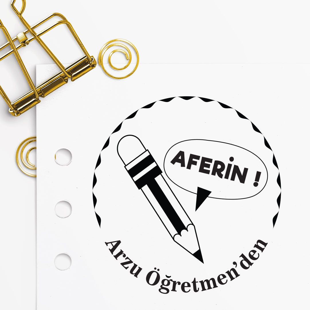 Çerçeveli Kalemli Aferin mührü tasarım detayı, kalem figürlü 'Aferin' yazısı çizimi