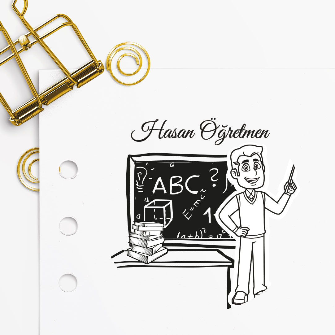 Erkek Öğretmen mührü tasarım detayı, erkek öğretmen figürü çizimi, isim yazılı