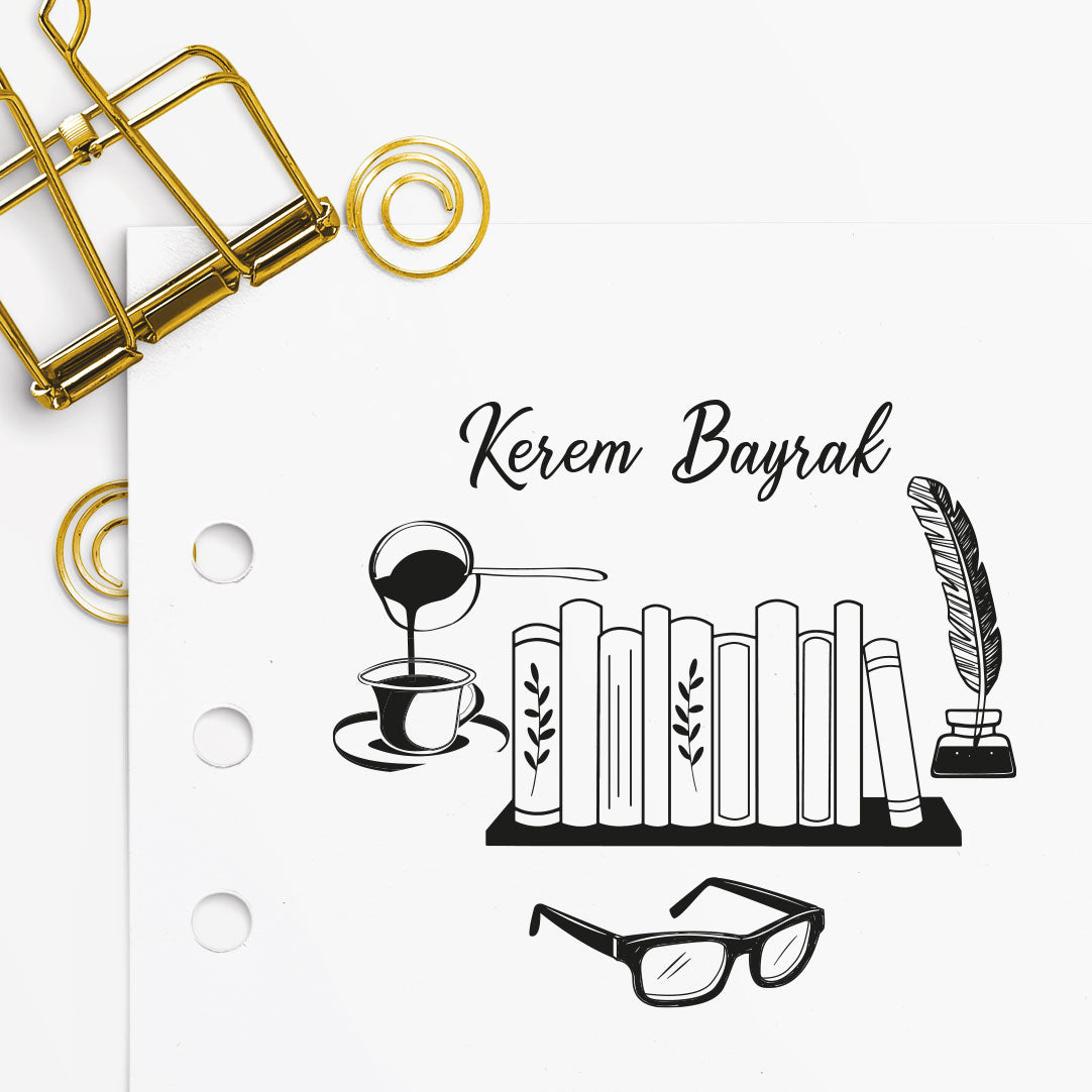 Kütüphane Kahve Keyfi mührü tasarım detayı, kitap ve kahve fincanı figürü çizimi, isim yazılı