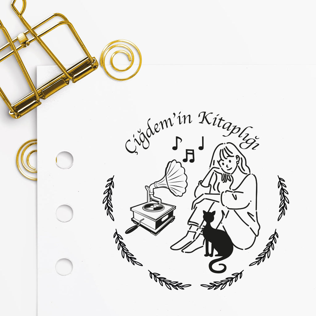 Çerçeveli Kedi İle Müzik Dinleyen Kız Mührü