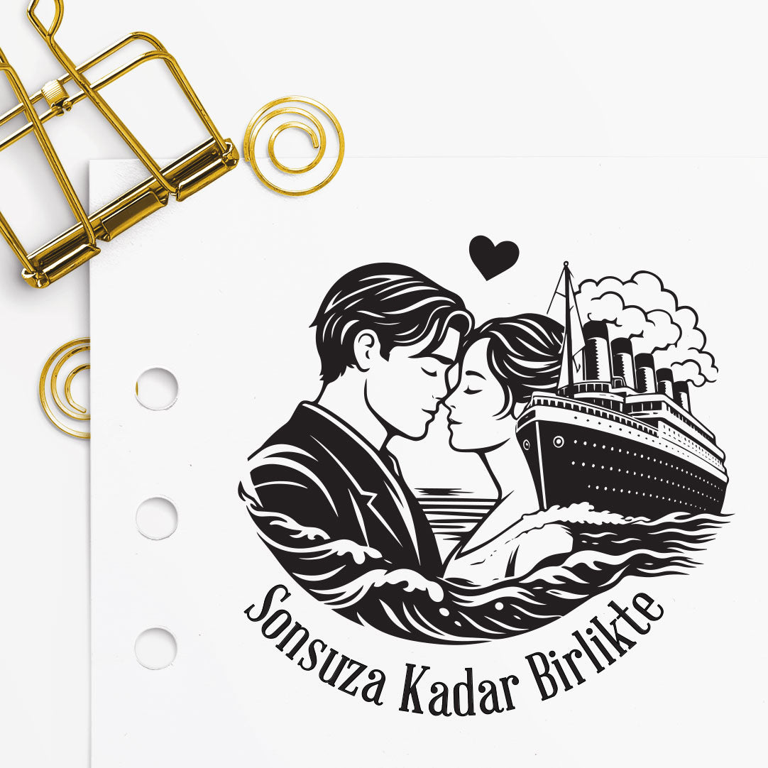 Titanic gemisi siluetiyle alınlarını birbirine deyen çift figürlü, kalp detaylı sinema temalı kitap mührü tasarımı