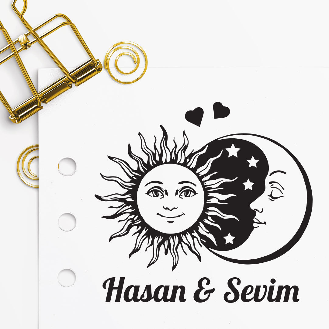 Sevgililer Günü Gece ve Gündüz mührü tasarım detayı, gece ve gündüz temalı çift figürü çizimi, isim yazılı