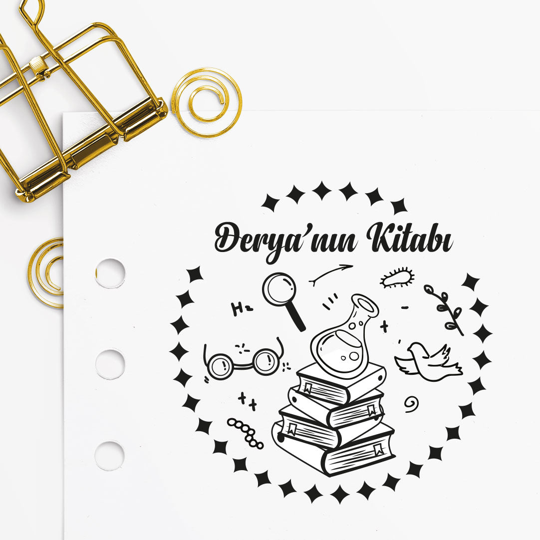 Çerçeveli Fen Bilgisi Öğretmeni mührü (2. tasarım) detayı, fen bilgisi sembolleriyle çizim, isim yazılı